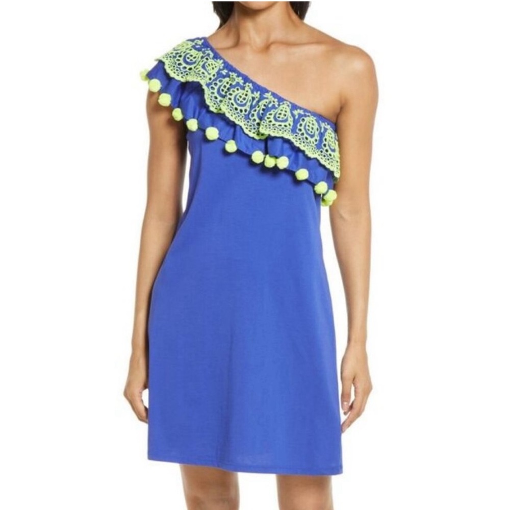 Lilly Pulitzer Idara One Shoulder Dress Sz. M Ruffle Pom pom trim